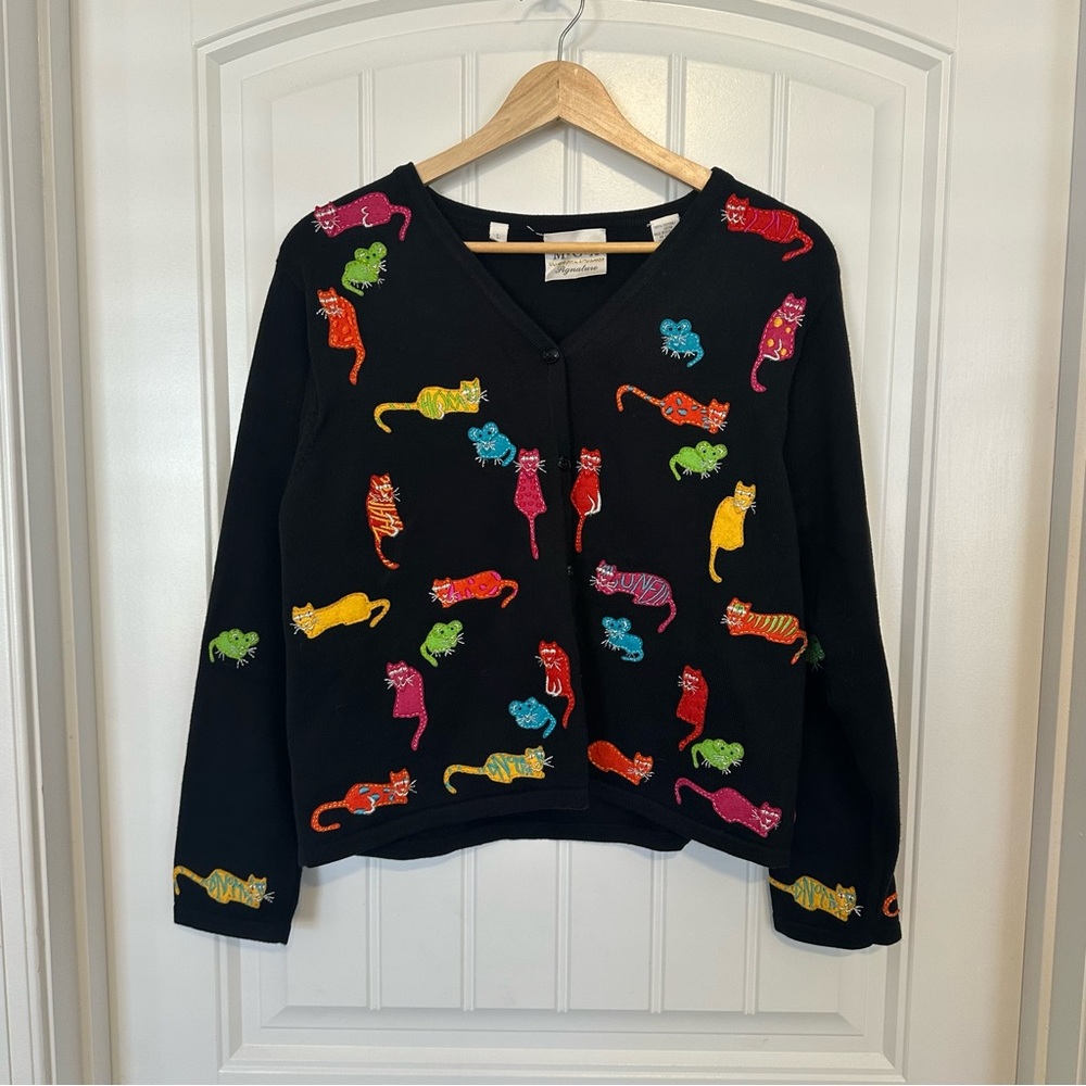 Vintage Cat Cardigan Sweater Embroidered Animal Colorful Funky Size Large - Picture 3 of 7